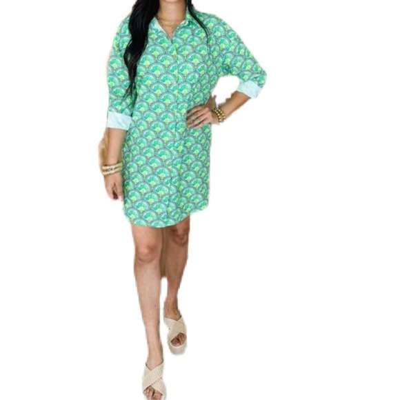 Emily McCarthy Green Deco Palm UPF 50 Long Sleeve Shift Shirt Dress Swim Coverup - Picture 14 of 14